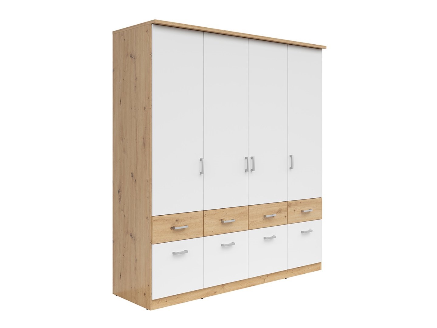 Keturių durų spinta su aštuoniais stalčiais BRANDO 4, dirbtinio ąžuolo/tekstilės/baltos spalvos