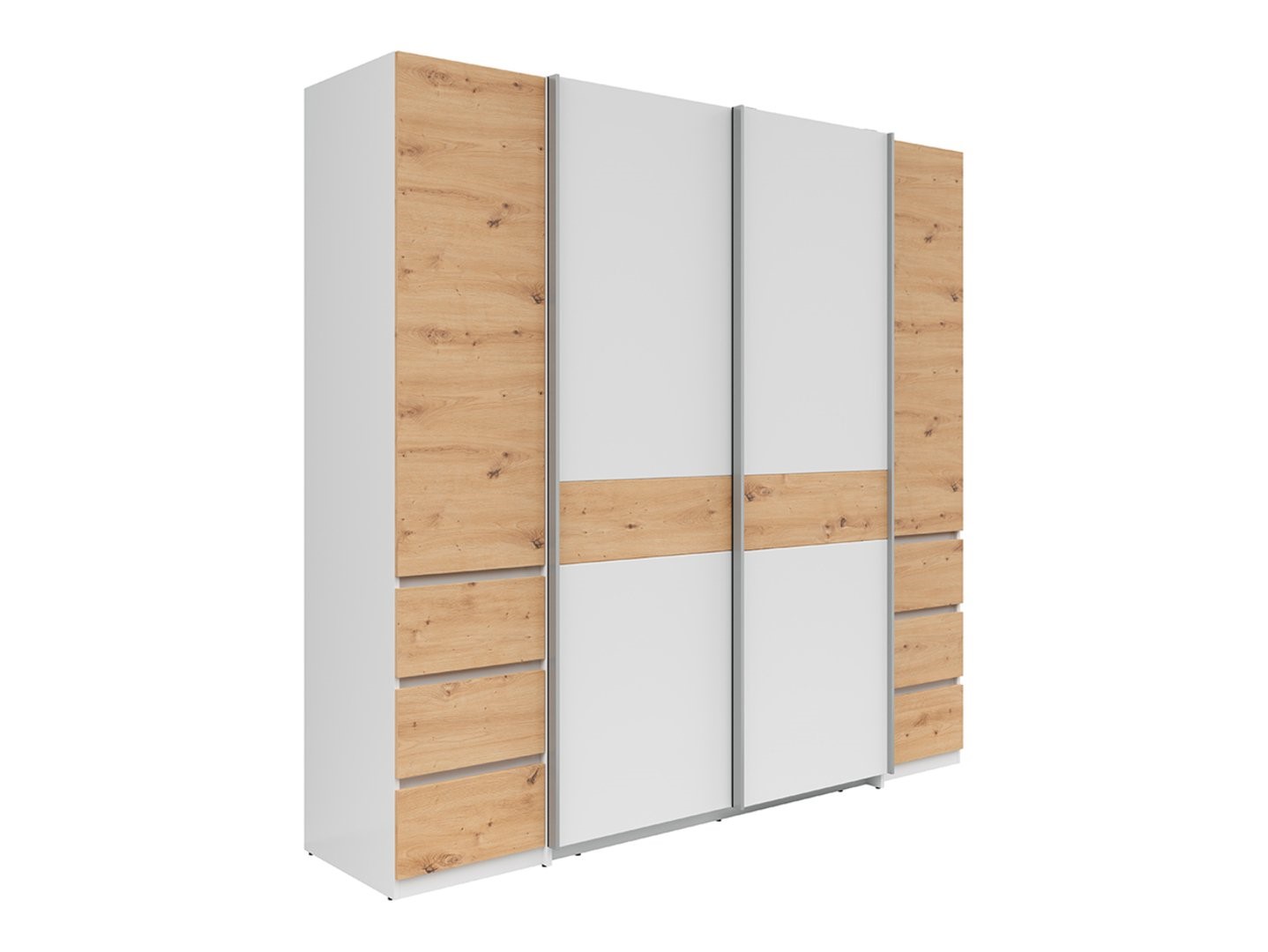 FABIO keturių durų, šešių stalčių spinta, balta/dirbtinio ąžuolo spalvos