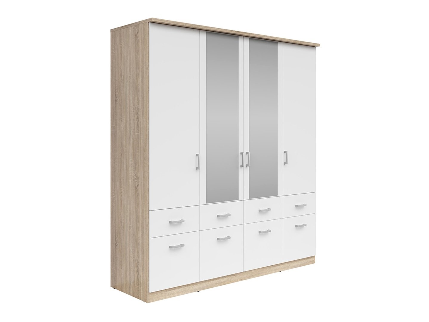 Keturių durų spinta su šešiais stalčiais ir veidrodžiu BRANDO 4, Sonoma ąžuolas/tekstilė/balta