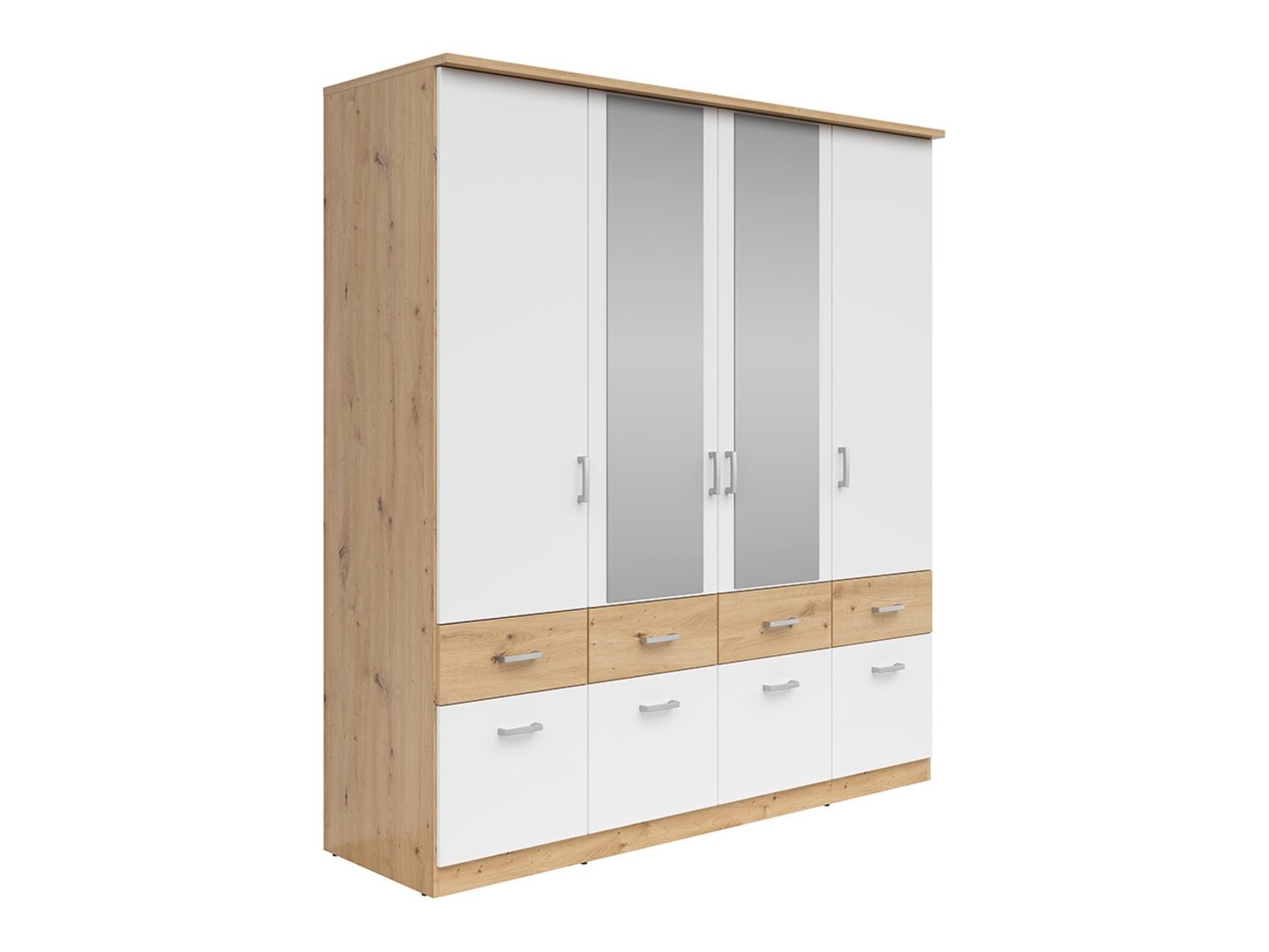 Keturių durų spinta su šešiais stalčiais ir veidrodžiu BRANDO 4, ąžuolo/tekstilės/baltos spalvos