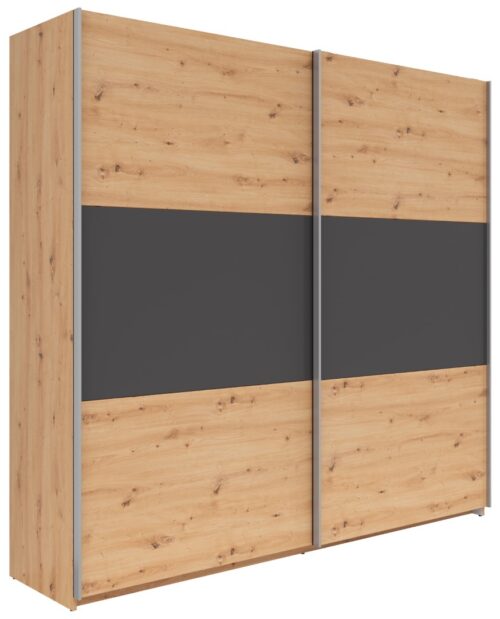 SATURN dviejų durų stumdoma spinta, 218 cm, dirbtinio ąžuolo/tekstilės/grafito spalvos