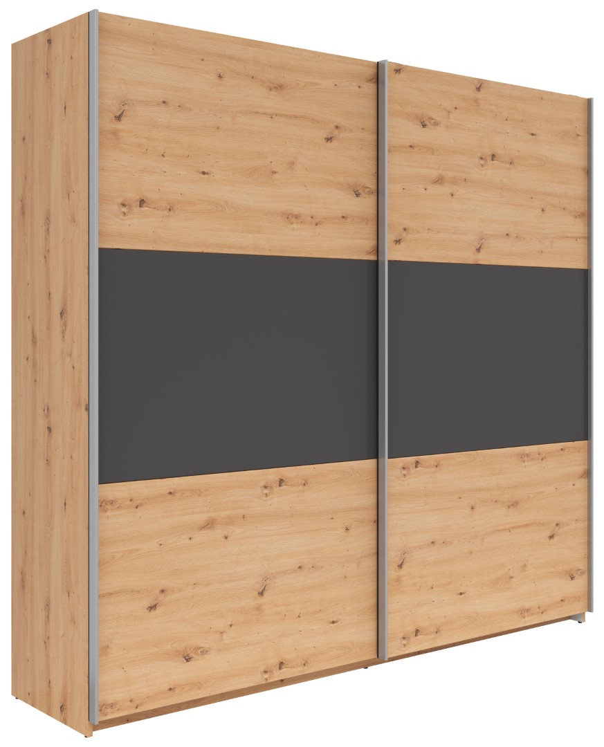 SATURN dviejų durų stumdoma spinta, 218 cm, dirbtinio ąžuolo/tekstilės/grafito spalvos