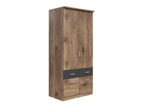 Dvidurė spinta su keturiais stalčiais BRANDO 2, tamsaus ąžuolo vėliavėlės spalva/tekstilė/grafitas