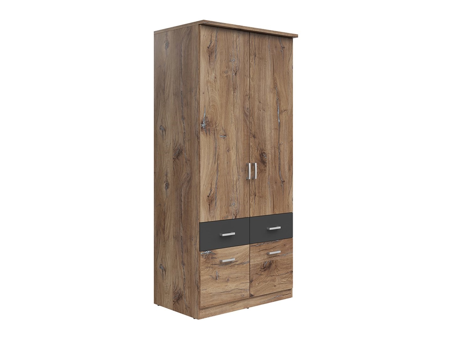 Dvidurė spinta su keturiais stalčiais BRANDO 2, tamsaus ąžuolo vėliavėlės spalva/tekstilė/grafitas