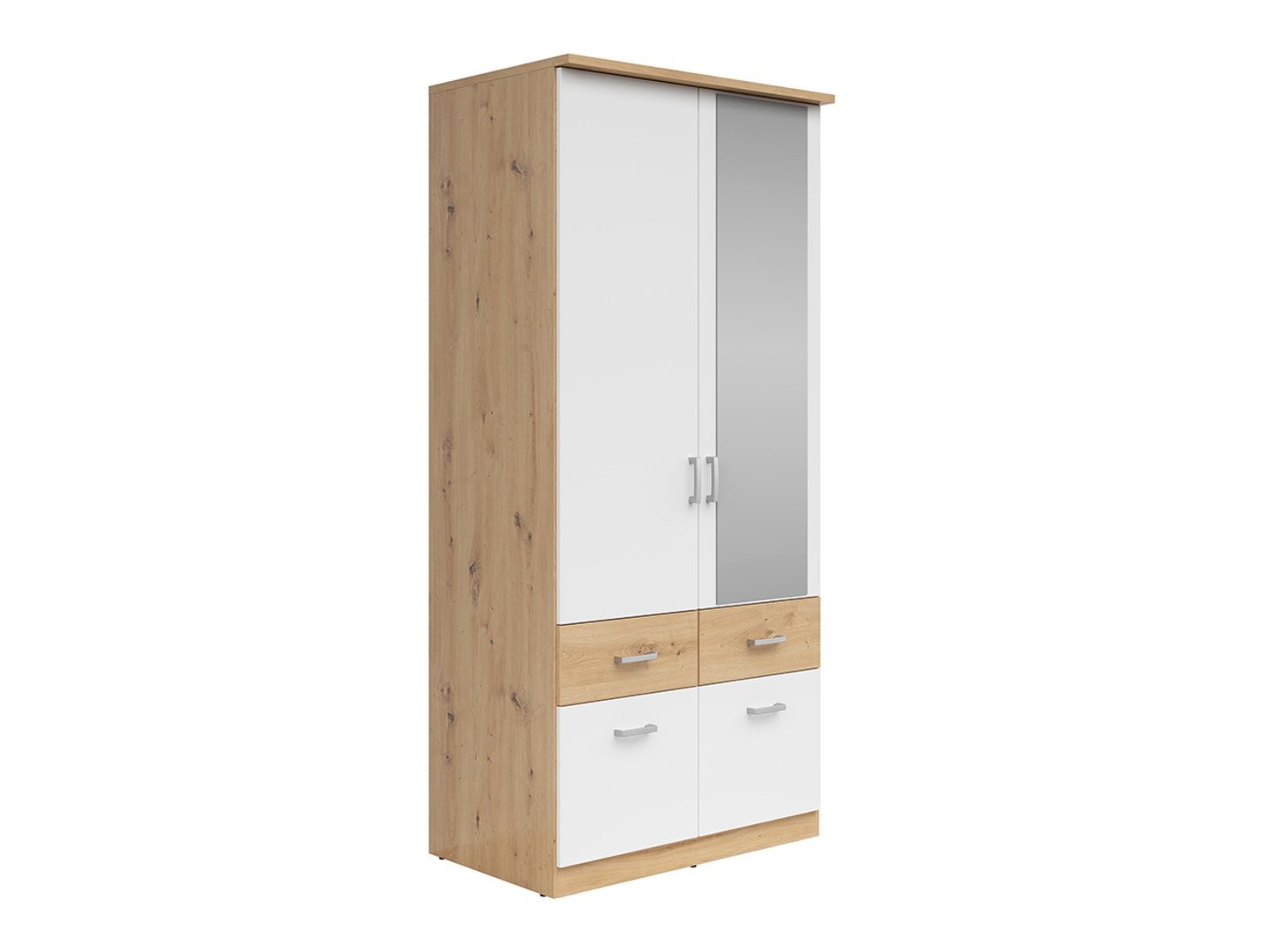 Dviejų durų spinta su keturiais stalčiais ir veidrodžiu BRANDO 2, ąžuolo/tekstilės/baltos spalvos