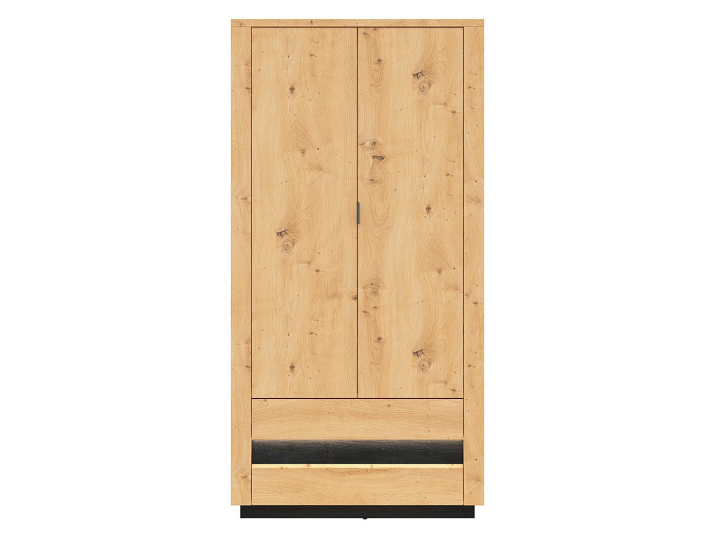 OSTIA dviejų durų spinta su dviem stalčiais, 100,5 cm, dirbtinio ąžuolo imitacija/blizgi juoda spalva