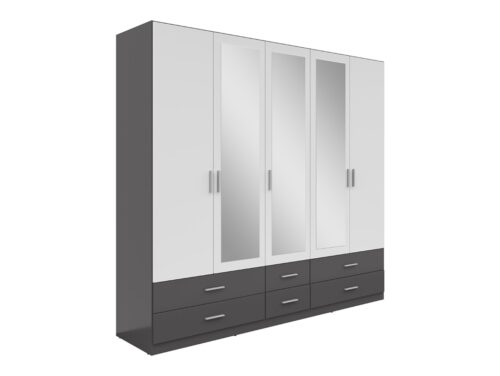 ARNAKA penkių durų spinta su veidrodžiais ir šešiais stalčiais, grafito/tekstilės/balta