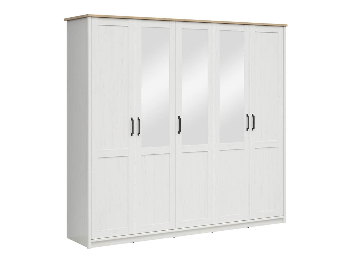 LOKSA penkių durų spinta su veidrodžiais, 240.5 cm, Anderseno pušis, balta/Grandson ąžuolas