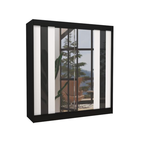 Stumdoma spinta su veidrodžiu ir užuolaidomis KEITA 200 juoda/balta ADRK