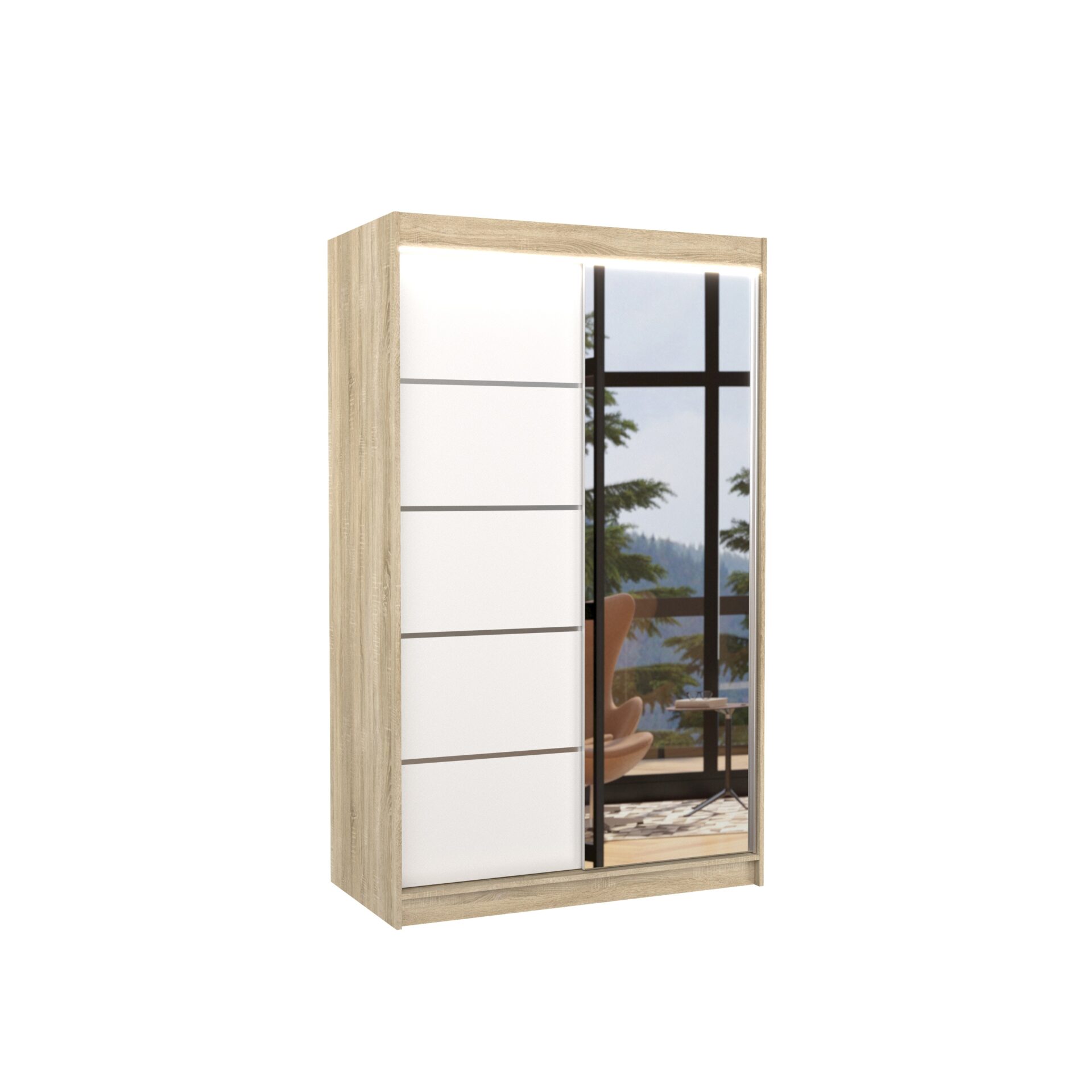 Stumdoma spinta su veidrodžiu ir LED apšvietimu NICEA 120 Sonoma/Balta ADRK