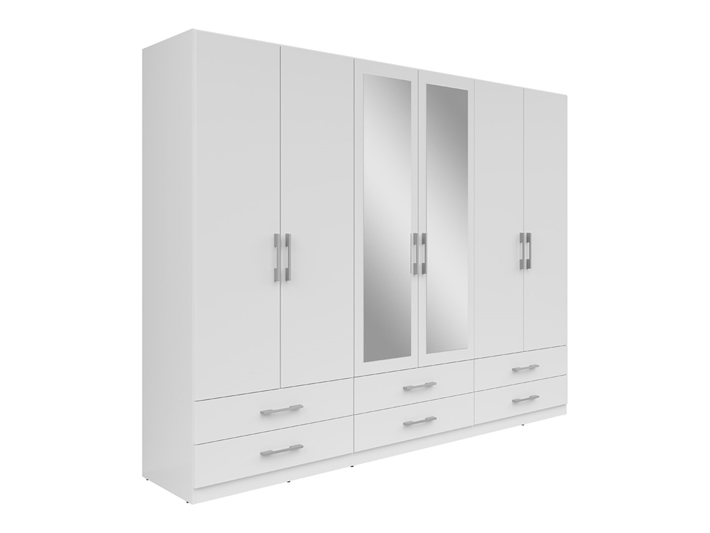 Šešių durų spinta su veidrodžiais ir šešiais stalčiais HERFORD, balta/tekstilė