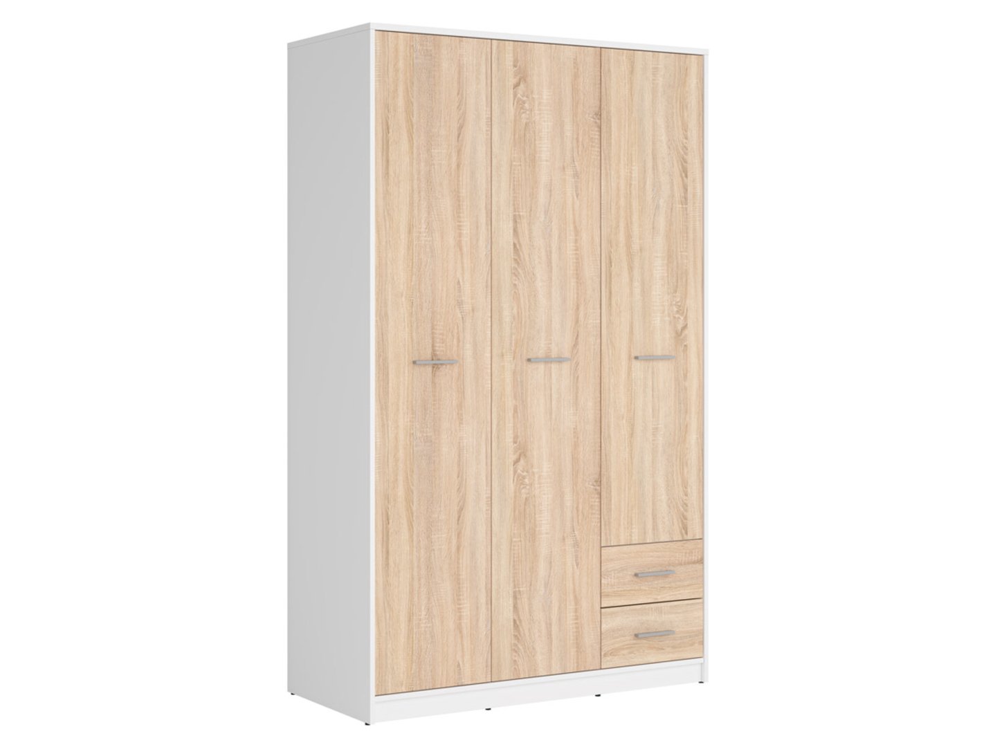 NEPO PLUS trijų durų spinta su dviem stalčiais, 118,5 cm, balta/sonoma ąžuolas