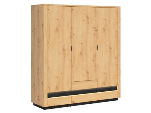 OSTIA trijų durų spinta su dviem stalčiais, 180,5 cm, dirbtinio ąžuolo imitacija, blizgi juoda spalva