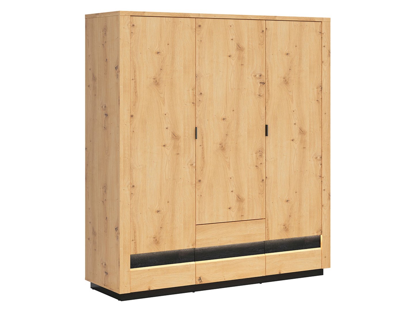 OSTIA trijų durų spinta su dviem stalčiais, 180,5 cm, dirbtinio ąžuolo imitacija, blizgi juoda spalva