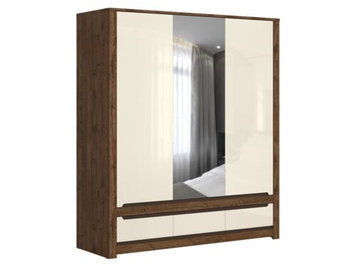 Trijų durų spinta su veidrodiniu priekiu ir trimis stalčiais RUSO 178,5 cm, balandžio spalvos ąžuolas/perlamutrinis blizgesys