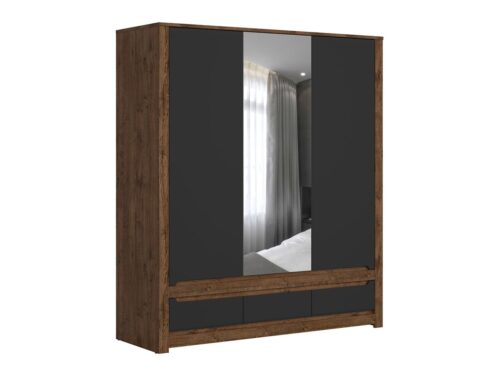 Trijų durų spinta su veidrodiniu priekiu ir trimis stalčiais RUSO 178,5 cm, balandžio ąžuolo spalvos/matinės juodos spalvos