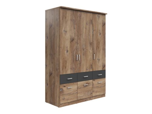 BRANDO 3 trijų durų spinta su šešiais stalčiais, tamsaus ąžuolo vėliavėlės spalva/tekstilė/grafitas