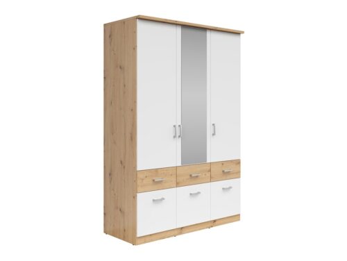 BRANDO 3 trijų durų spinta su šešiais stalčiais, dirbtinio ąžuolo/tekstilės/baltos spalvos