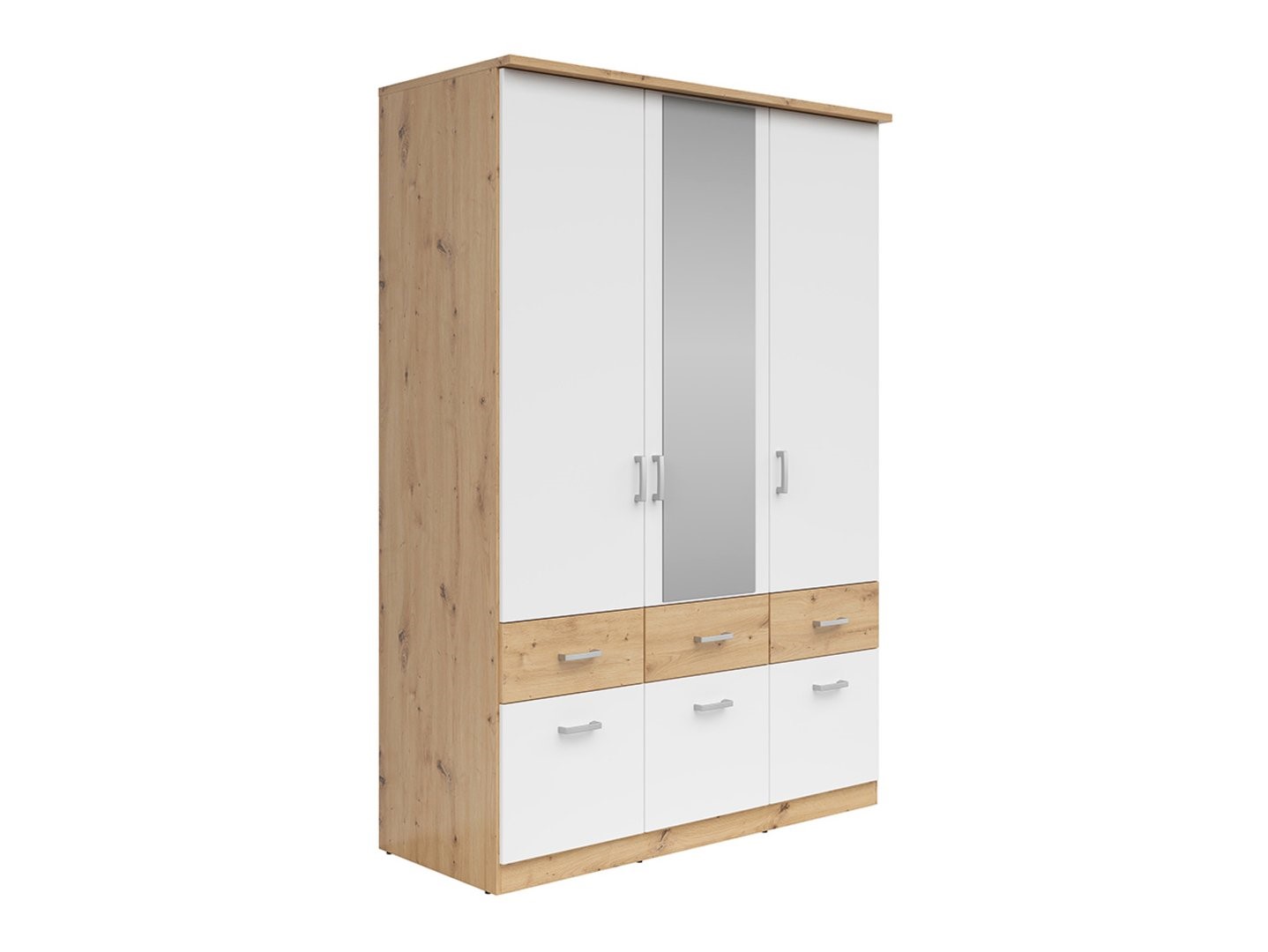 BRANDO 3 trijų durų spinta su šešiais stalčiais, dirbtinio ąžuolo/tekstilės/baltos spalvos