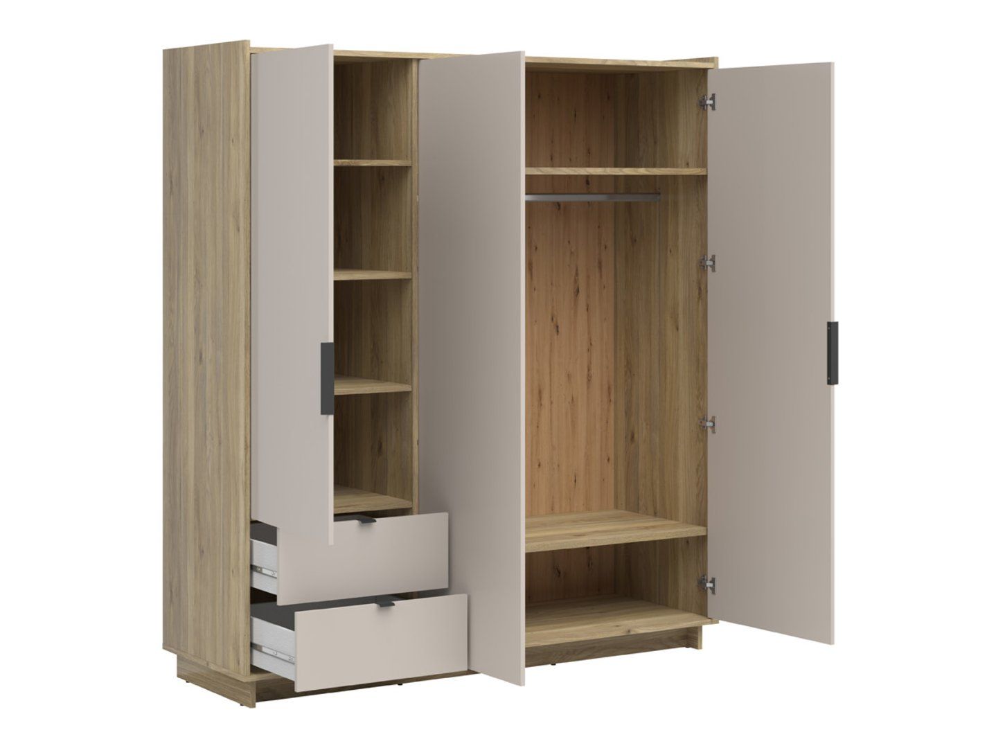 DALVA trijų durų spinta su stalčiais 180 cm, rausvai violetinė/kašmyro ąžuolas