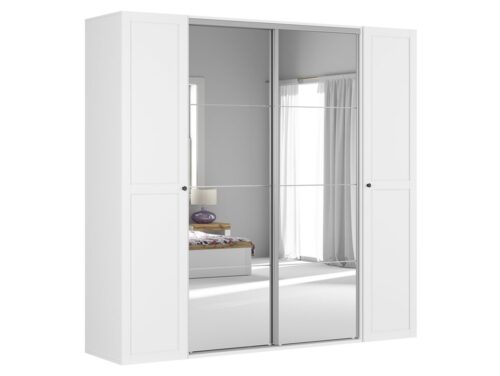 Keturių durų spinta su stumdomais veidrodžiais FLEX 250 cm balta/pilka