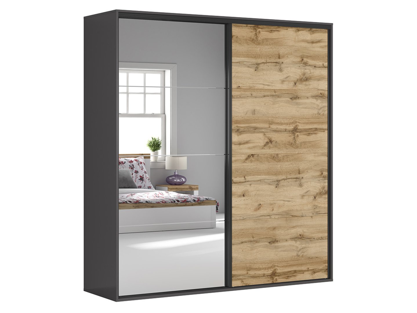 Spinta su stumdomomis durimis ir veidrodžiu FLEX 220 cm grafito spalvos/wotan ąžuolo spalvos