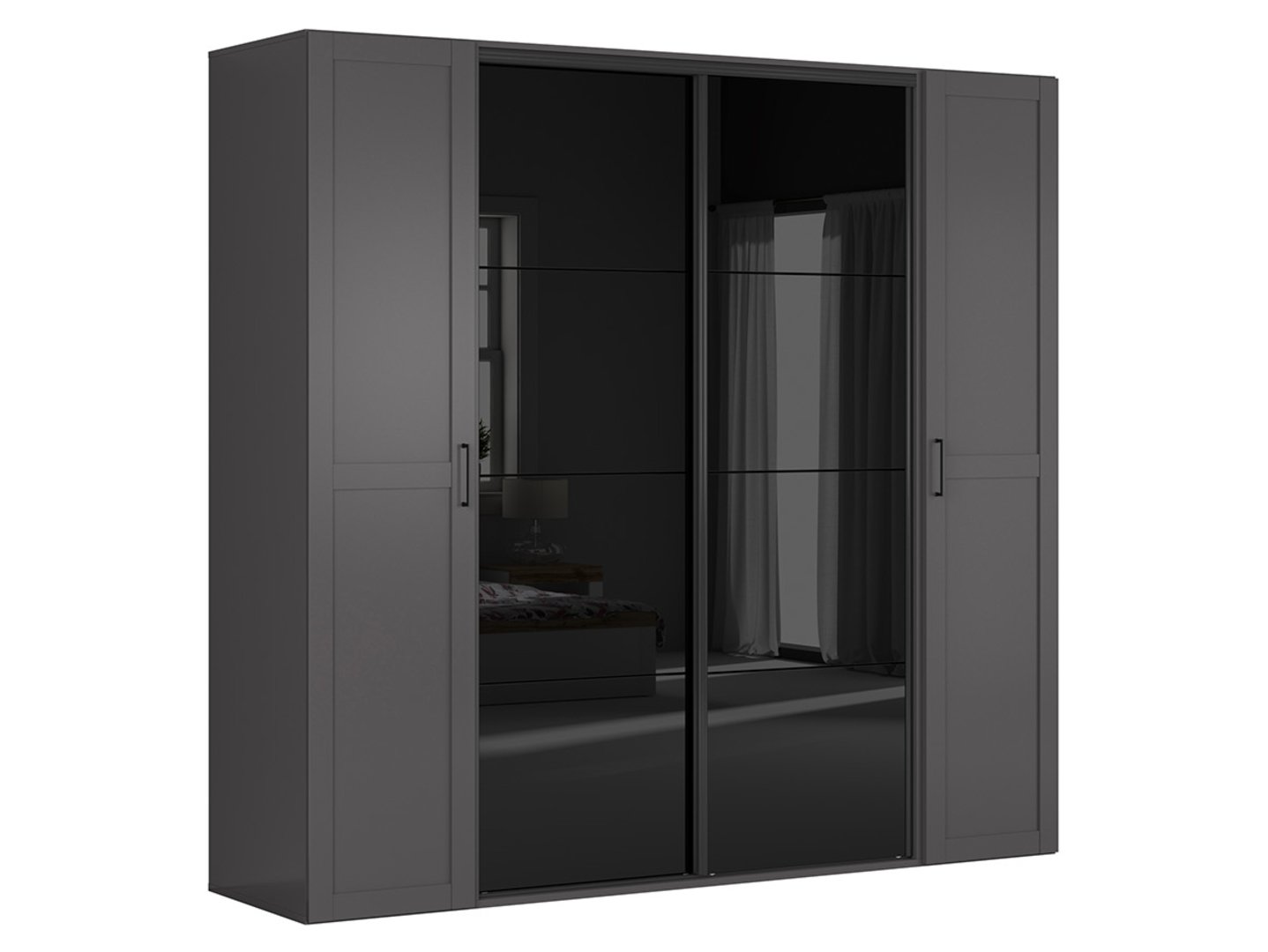 Keturių durų spinta su stumdomais veidrodžiais FLEX 250 cm grafito/blizgios juodos spalvos