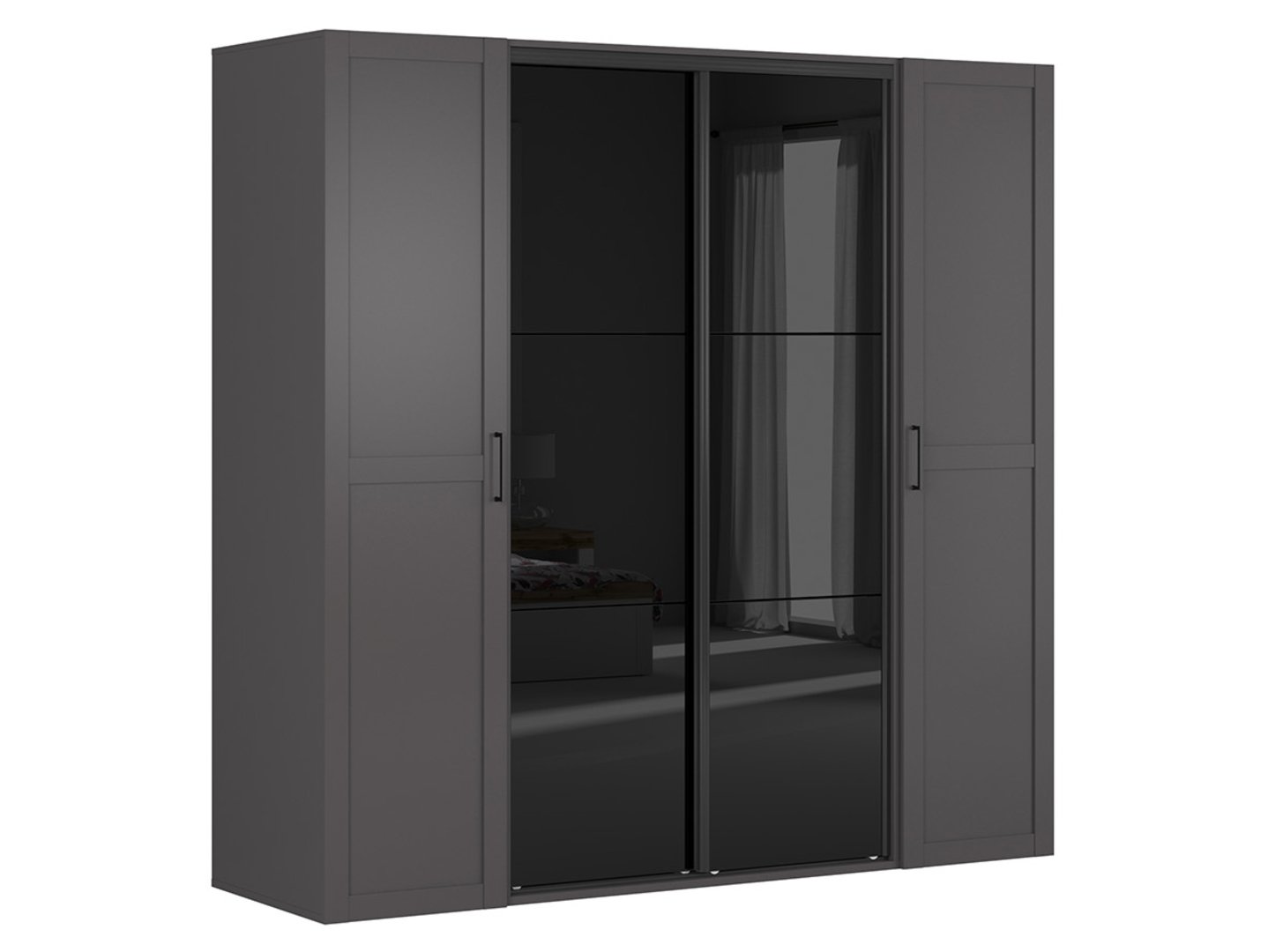 Keturių durų spinta su stumdomais veidrodžiais FLEX 220 cm grafito/blizgios juodos spalvos