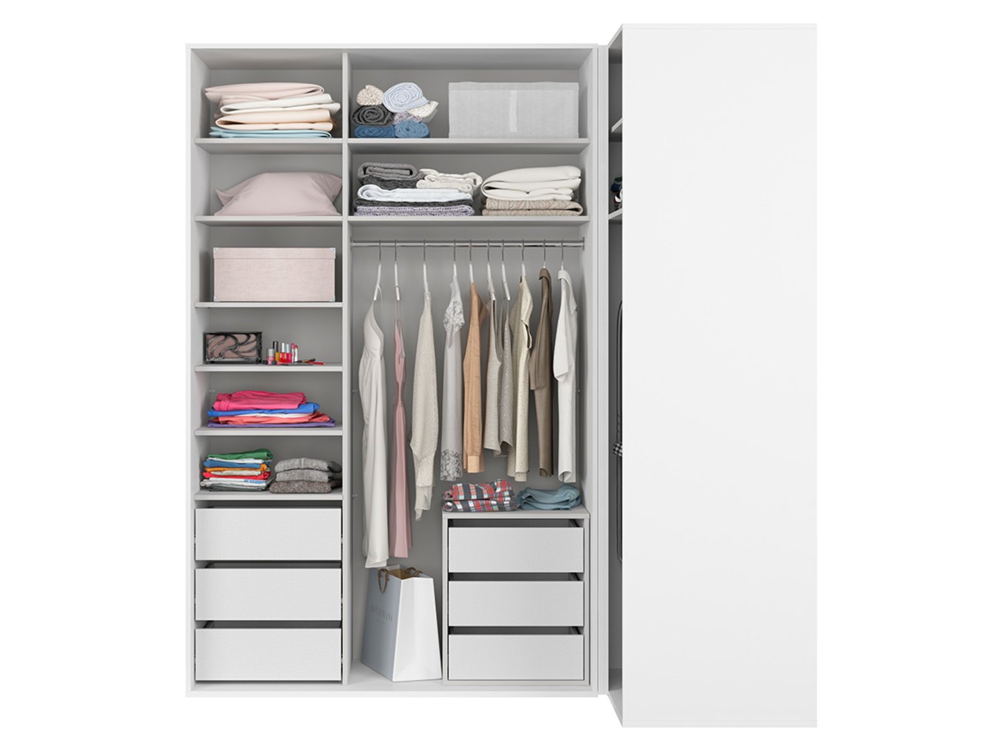 Trijų durų kampinė spinta su stumdomais veidrodžiais FLEX 220x116 cm balta/pilka