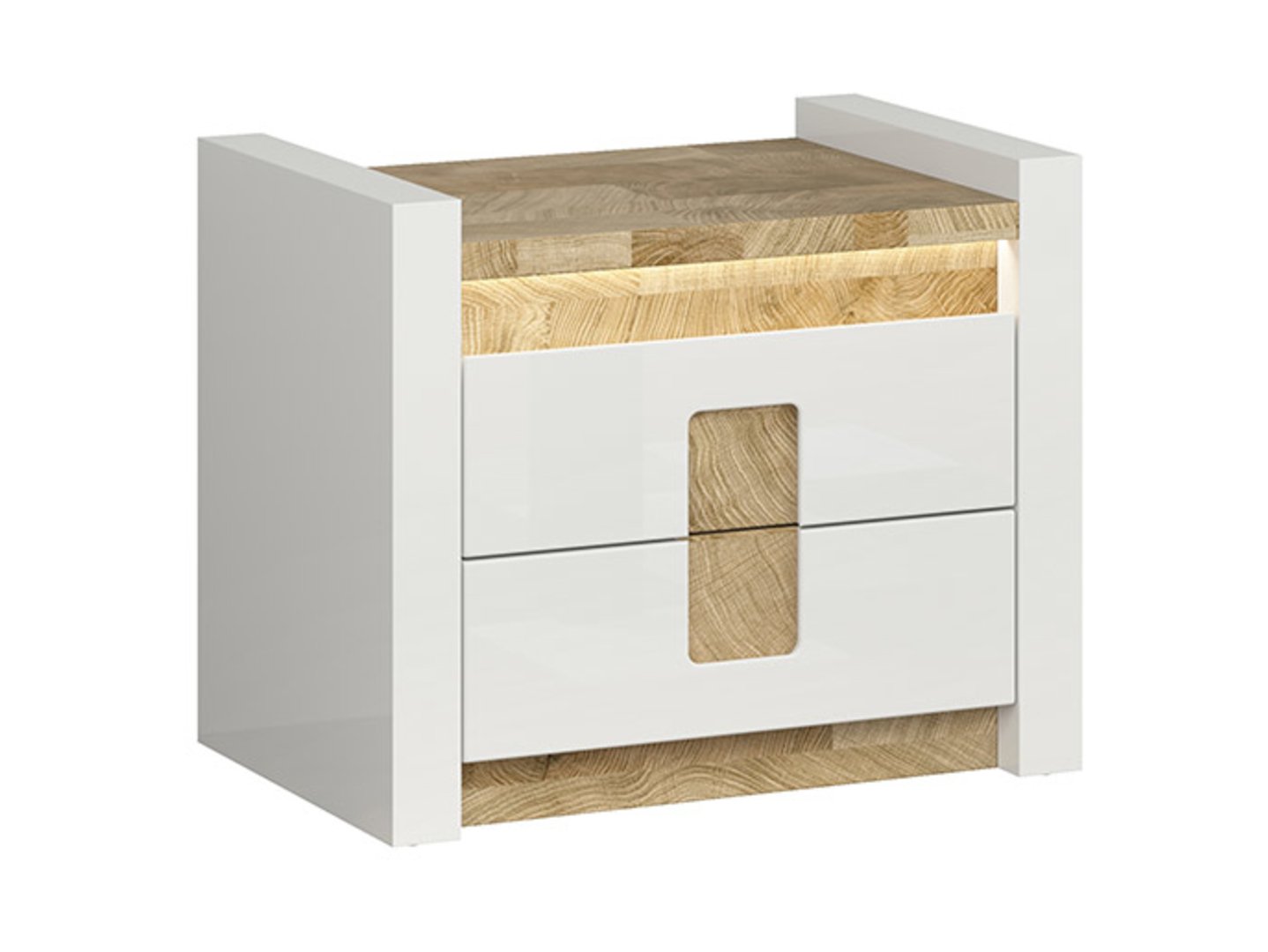 ALAMEDA 62 cm naktinis staliukas su dviem stalčiais, blizgi balta/vestminsterio ąžuolas
