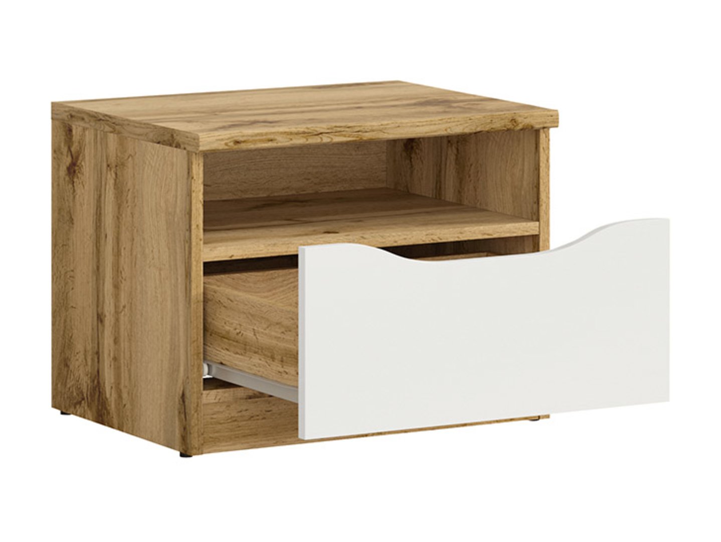 NUIS naktinis staliukas su stalčiumi, 50 cm, Wotan ąžuolas/blizgi balta spalva — изображение 2