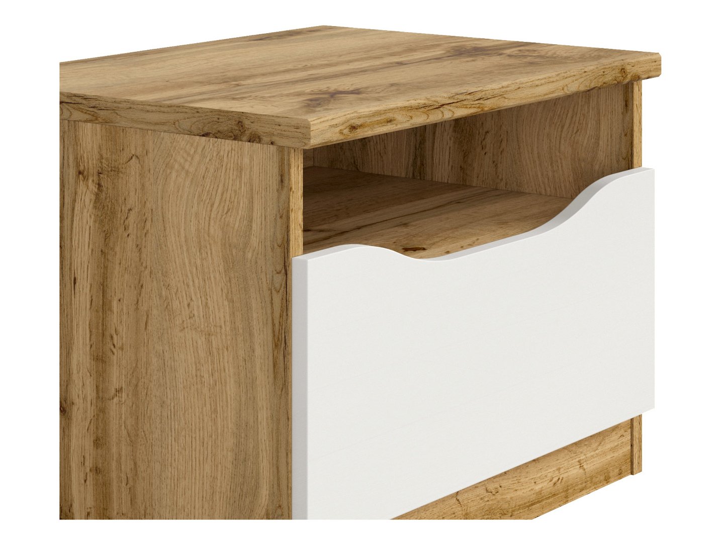 NUIS naktinis staliukas su stalčiumi, 50 cm, Wotan ąžuolas/blizgi balta spalva — изображение 4