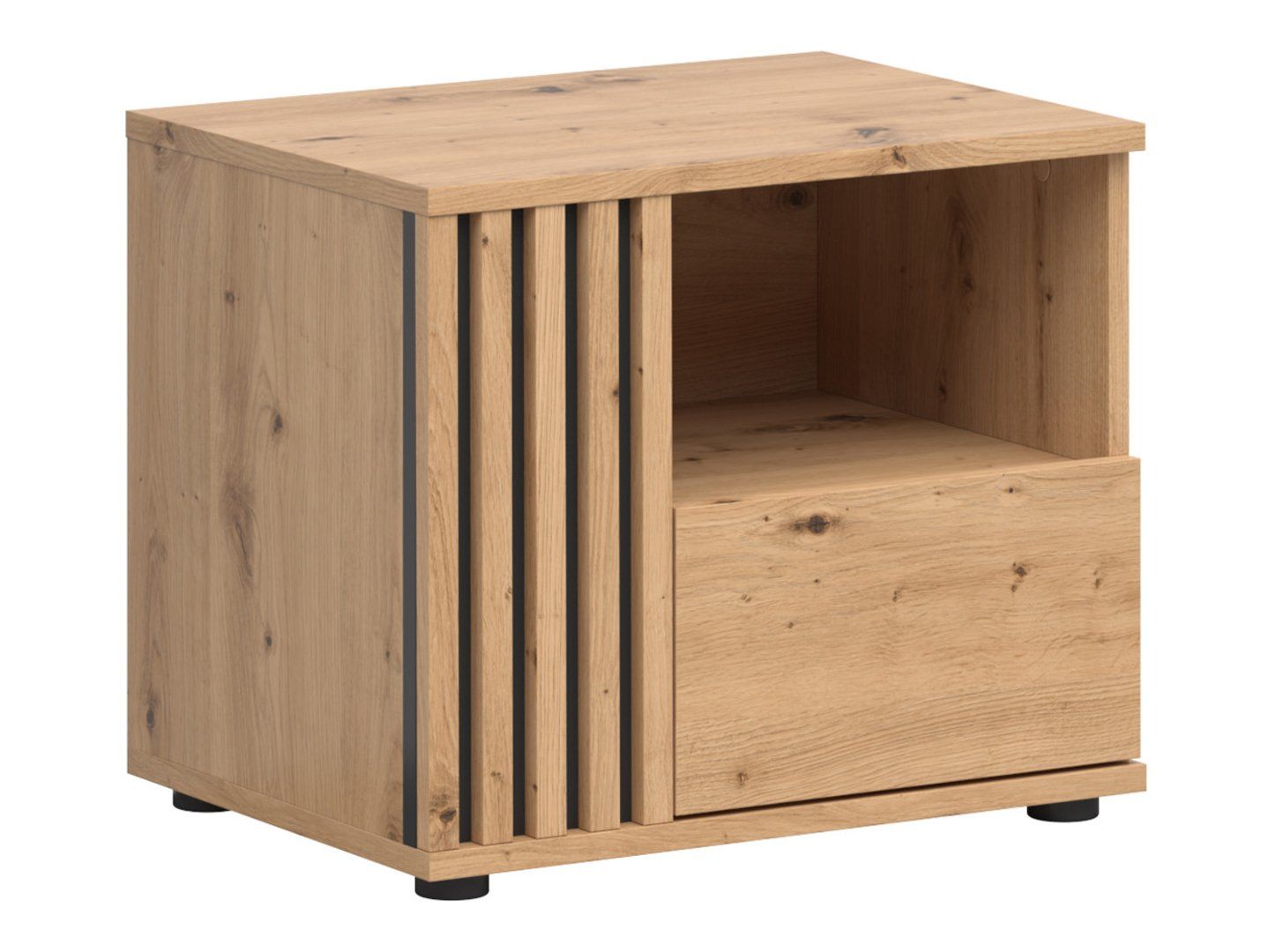 Vabres naktinis staliukas su stalčiumi, 55 cm, kairėje pusėje, ąžuolo imitacija, lamelės