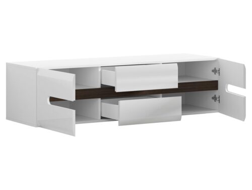 Dviejų durų TV spintelė su dviem stalčiais AZTECA TRIO 150 cm balta/balta blizgi spalva