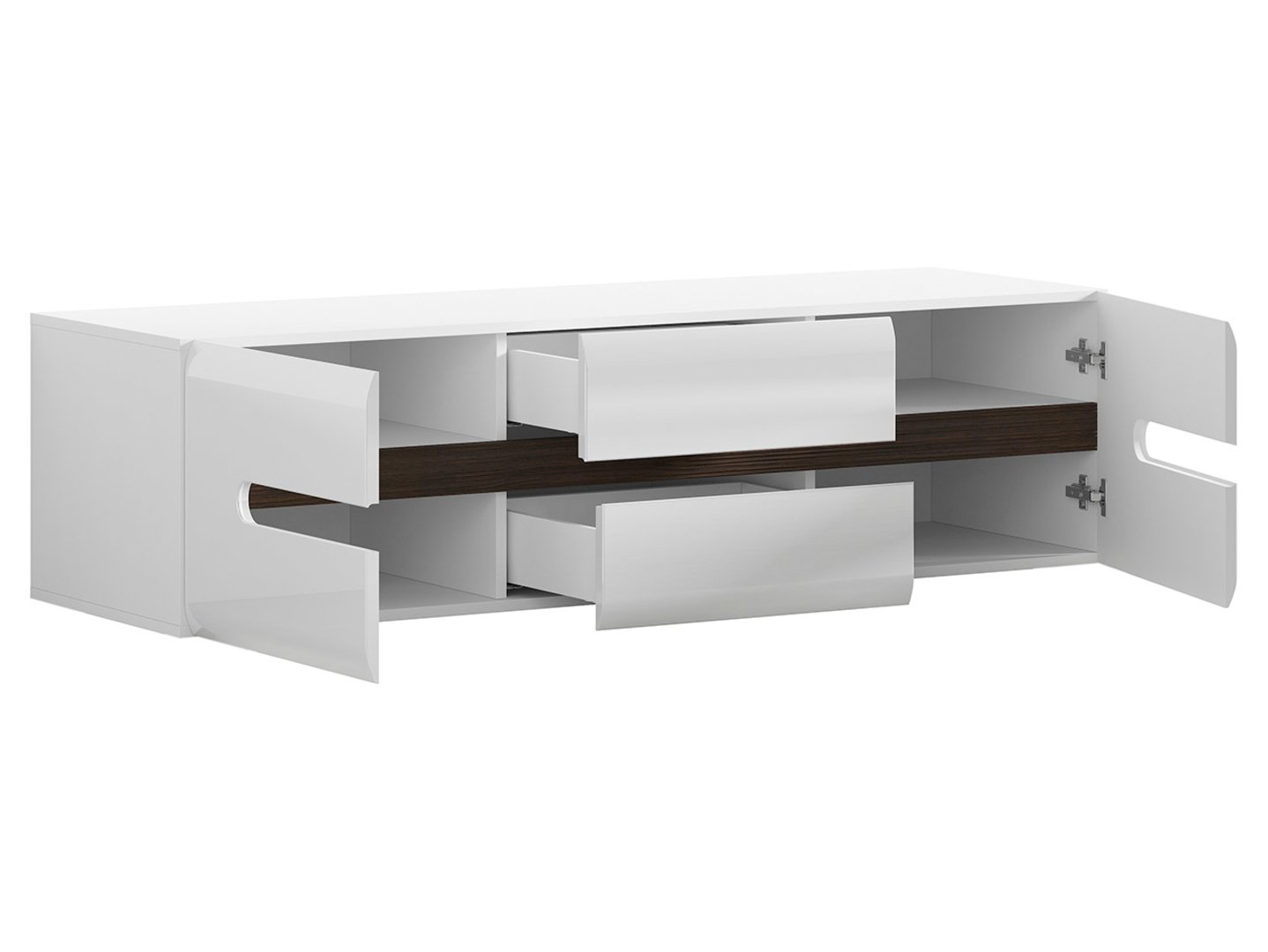 Dviejų durų TV spintelė su dviem stalčiais AZTECA TRIO 150 cm balta/balta blizgi spalva