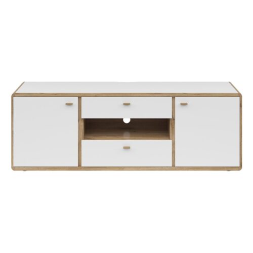 Dvidurė TV spintelė su dviem stalčiais RONDA, 178 cm, šviesaus ąžuolo vėliavėlės stiebo spalva/balta