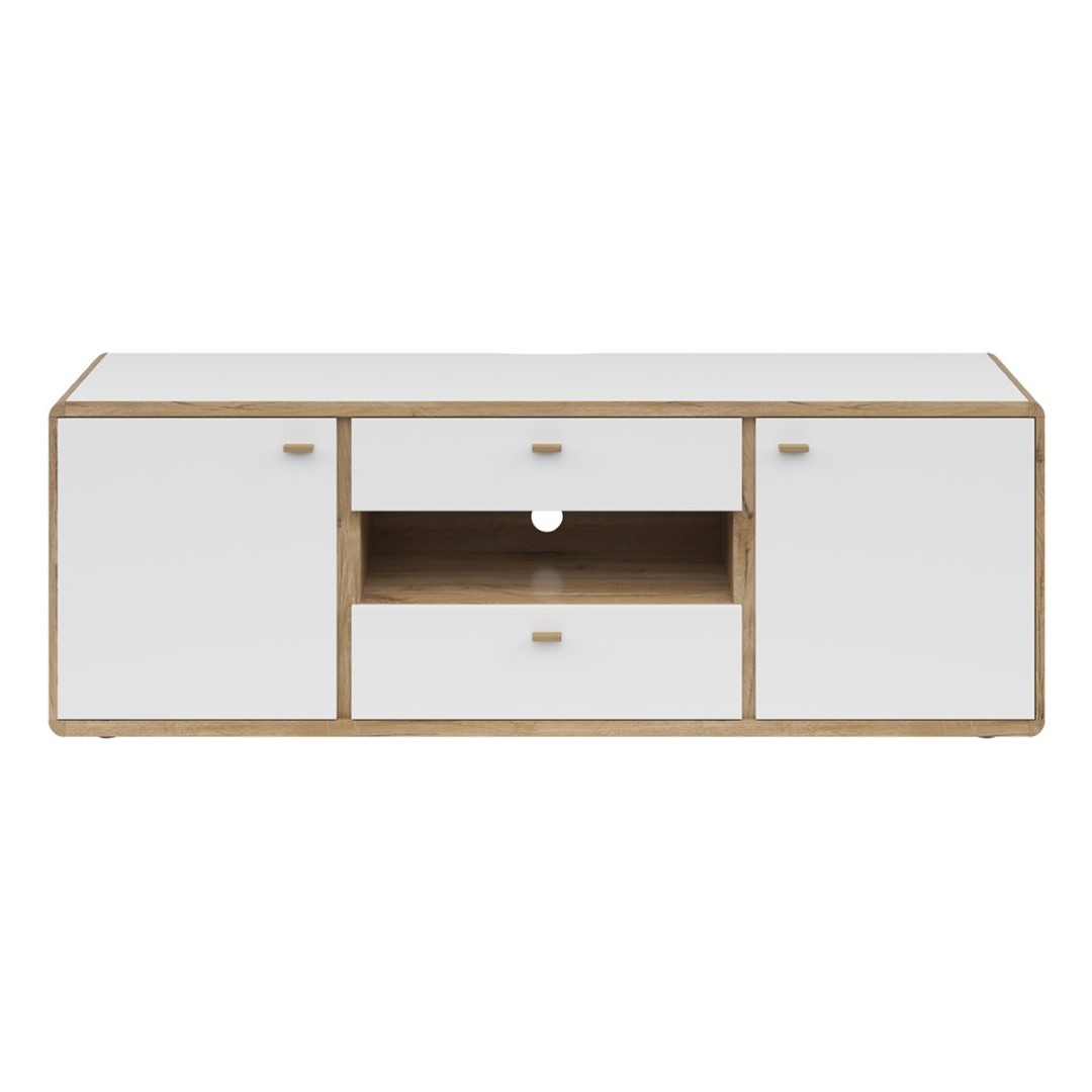 Dvidurė TV spintelė su dviem stalčiais RONDA, 178 cm, šviesaus ąžuolo vėliavėlės stiebo spalva/balta