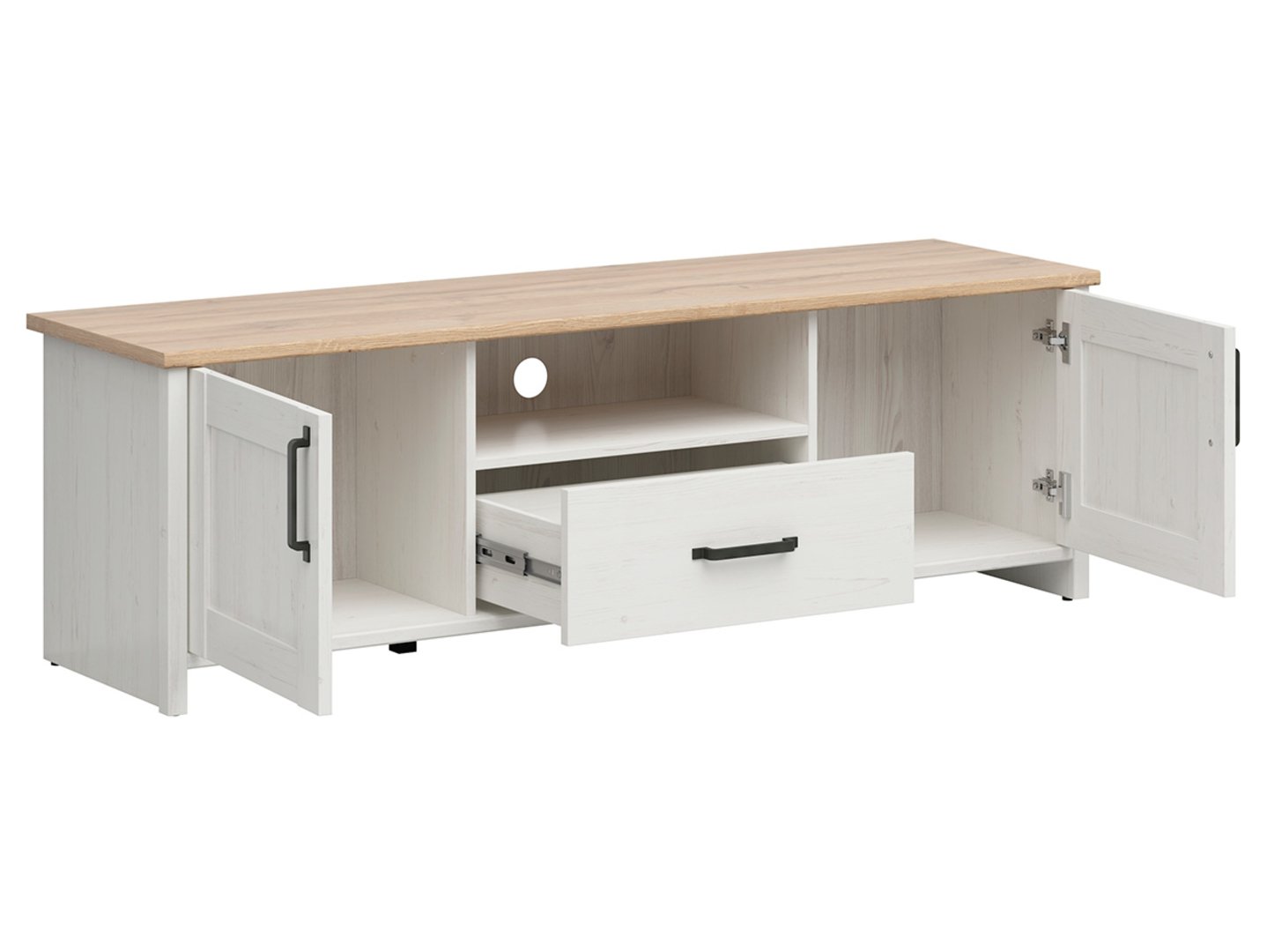 Dvidurė TV spintelė su stalčiumi LOKSA, 160 cm, anderseno pušis, balta