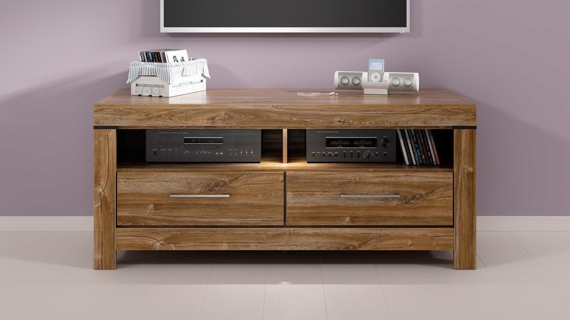 TV spintelė su dviem stalčiais GENT 138,5 cm Stirling ąžuolo spalvos