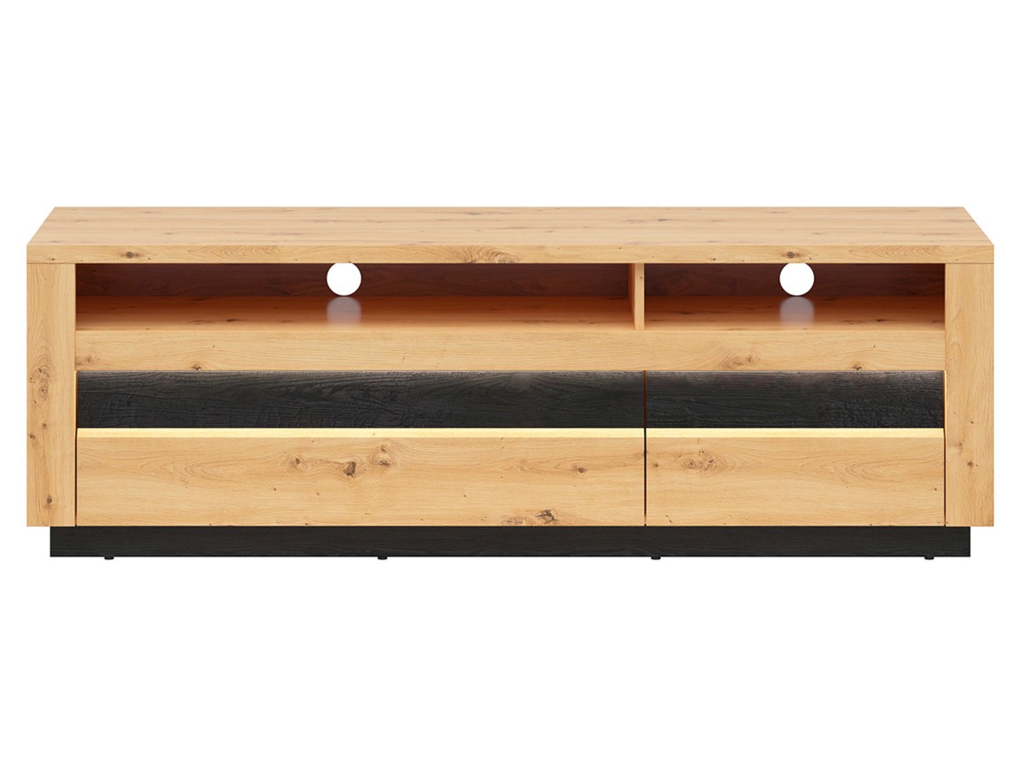 TV spintelė su dviem stalčiais OSTIA 161 cm, dirbtinio ąžuolo spalvos/blizgios juodos spalvos