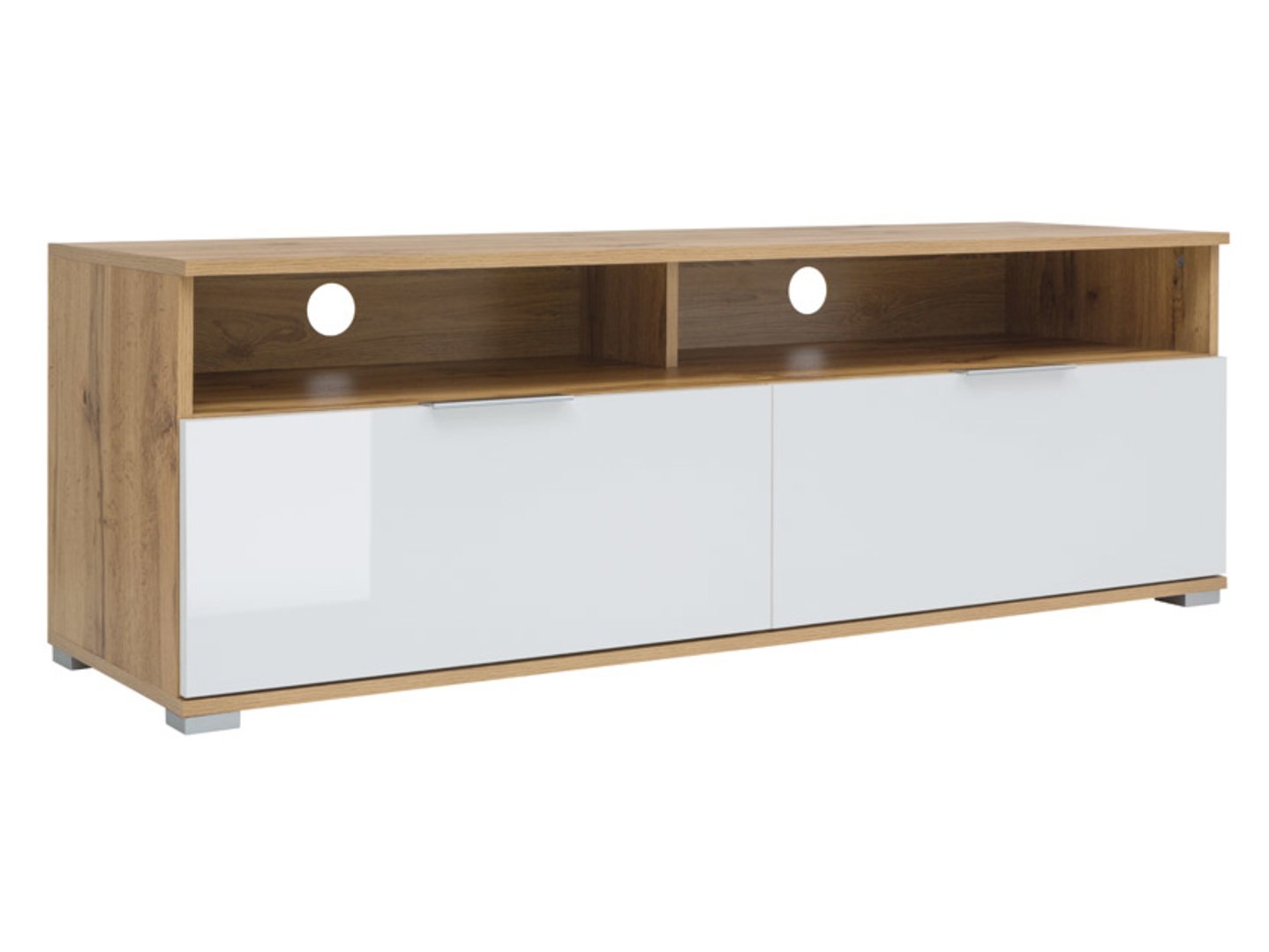 TV spintelė su dviem stalčiais ZELE 135 cm Wotan ąžuolas/blizgi balta
