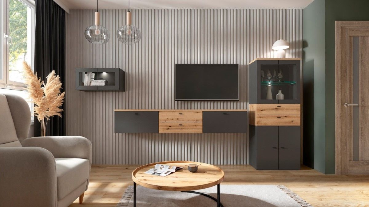 Žema dviejų durų vitrina „System 64“ grafito spalvos