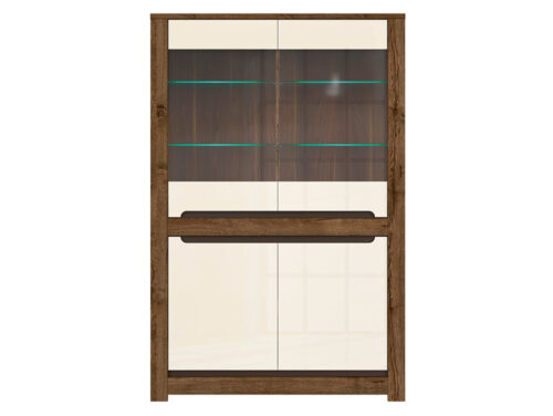 Dviejų durų vitrina su dviem stikliniais fasadais RUSO 104 cm, balandžio ąžuolo spalvos/perlamutrinio blizgesio