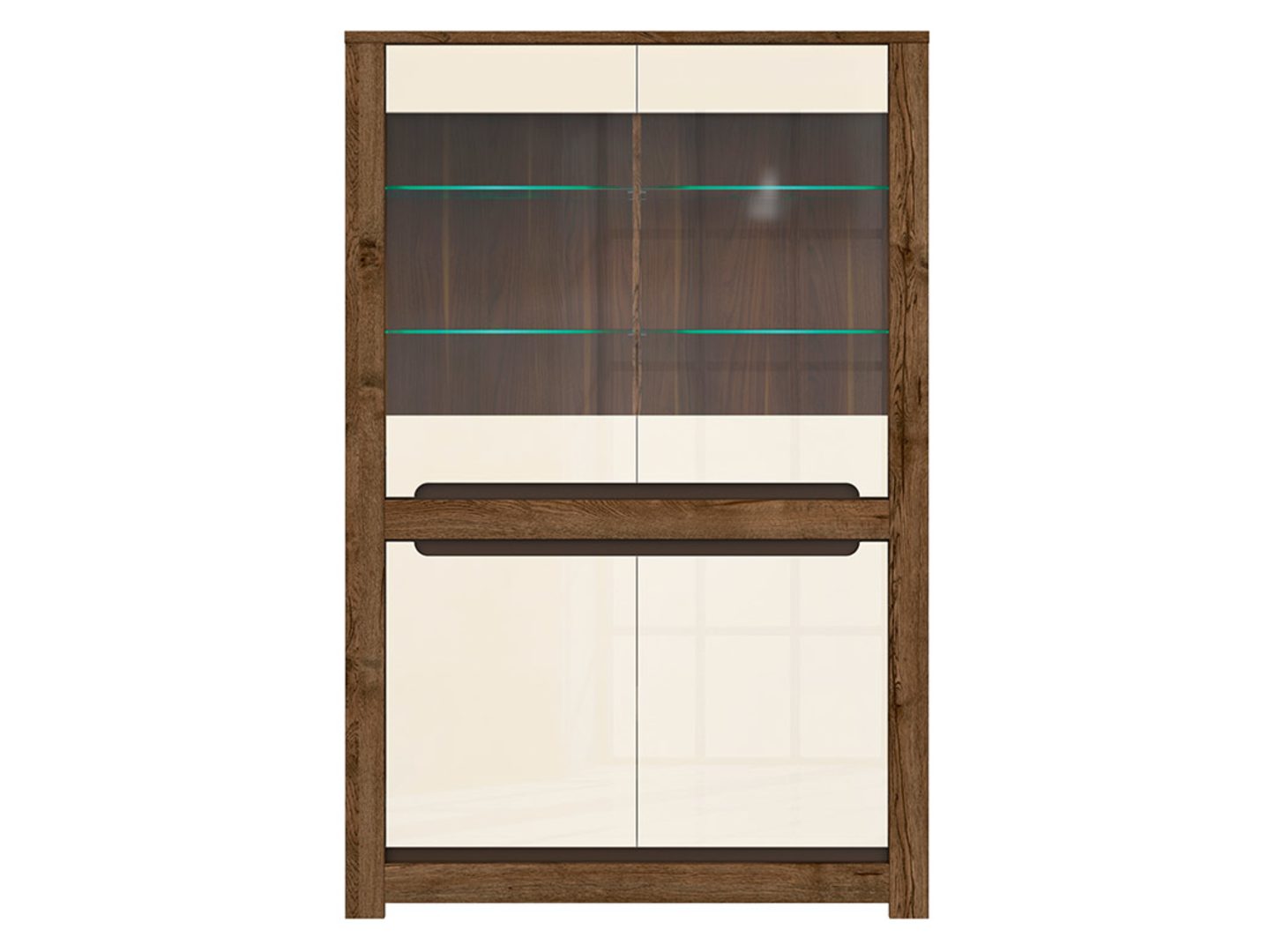 Dviejų durų vitrina su dviem stikliniais fasadais RUSO 104 cm, balandžio ąžuolo spalvos/perlamutrinio blizgesio