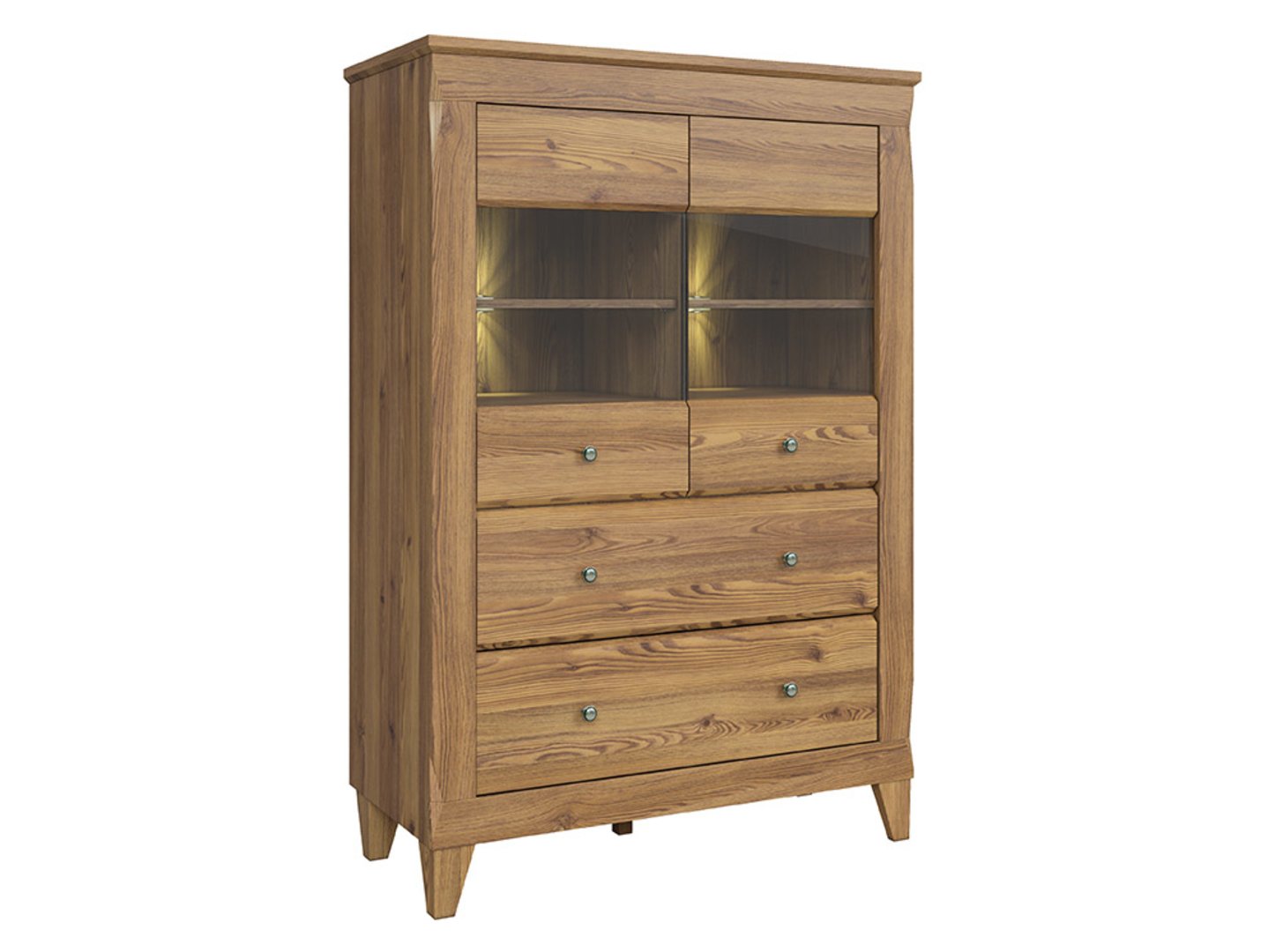 BERGEN dviejų durų vitrina su dviem stalčiais, 102 cm, auksinė Sibiu maumedžio spalva