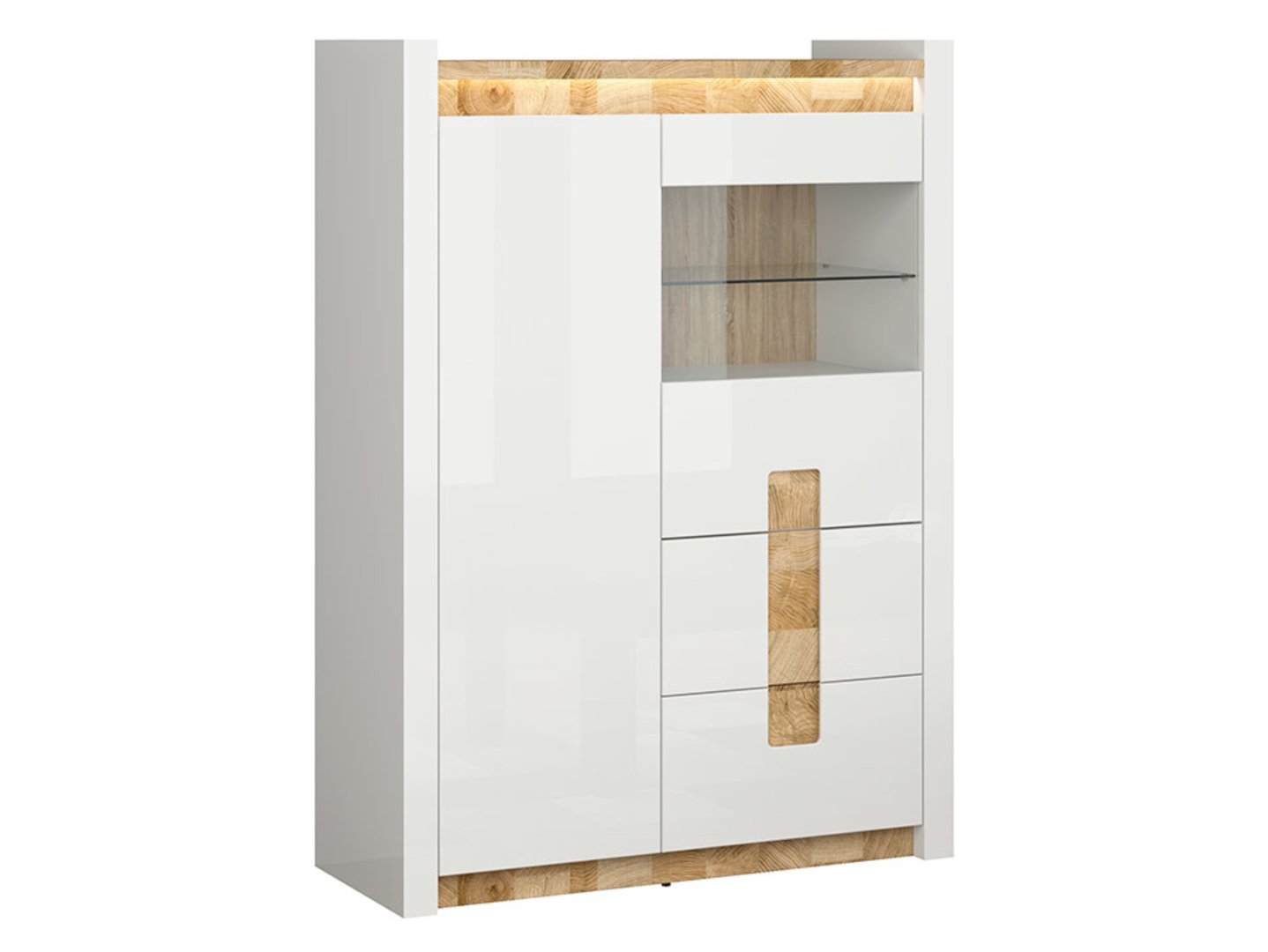 Žema vienų durelių vitrina su dviem stalčiais ALAMEDA 102 cm, balta blizgi/vestminsterio ąžuolas