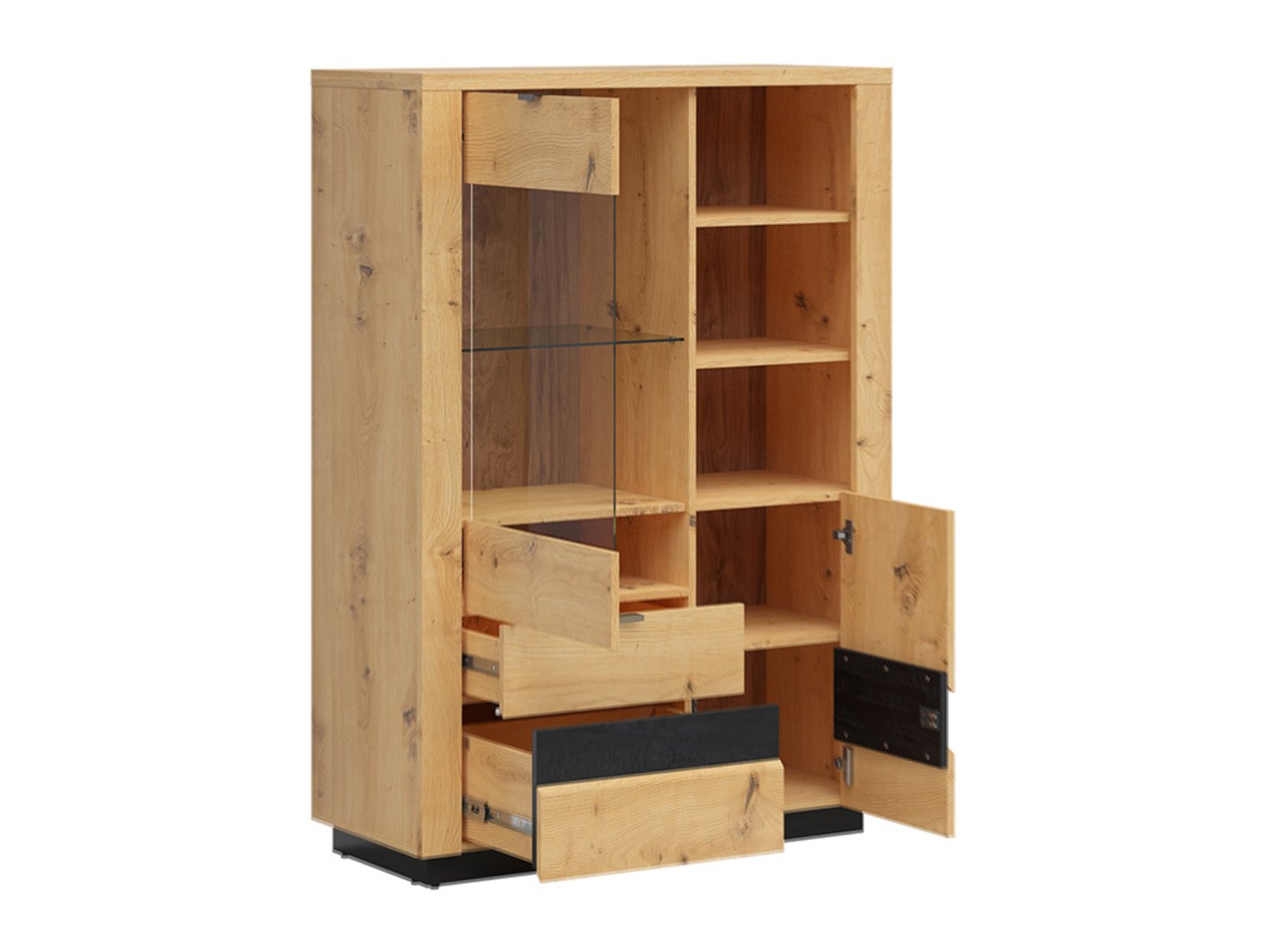 Žema vienų durų vitrina su stiklu ir dviem stalčiais OSTIA 100.5 cm, dirbtinio ąžuolo imitacija/blizgi juoda spalva