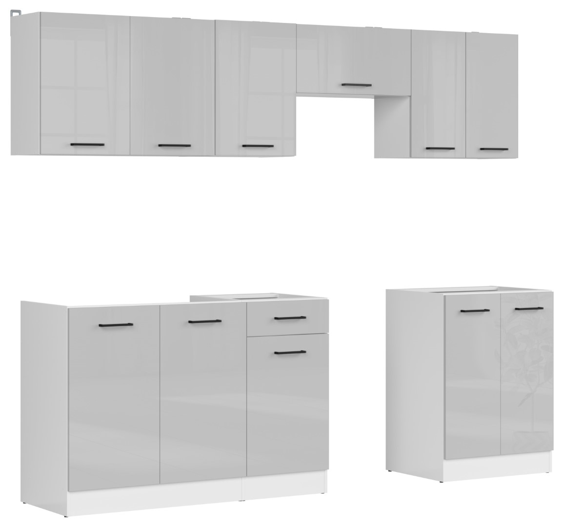 JUNONA LINE virtuvės komplektas 240 cm baltas/šviesiai pilkas blizgus