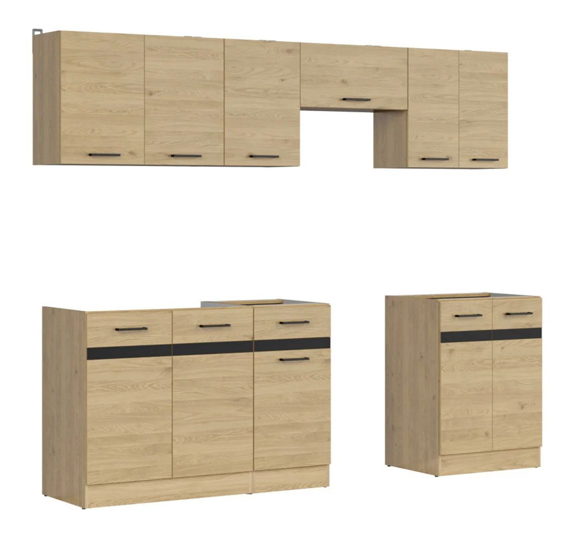 Virtuvės komplektas 240 cm JUNONA LINE Bernstein ąžuolas/metalinis juodo aukso skalūnas