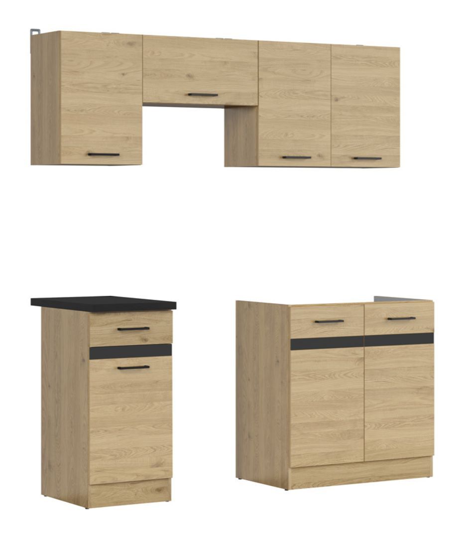 Virtuvės komplektas su stalviršiu 180 cm JUNONA LINE Bernstein ąžuolas/metalinis juodo aukso skalūnas